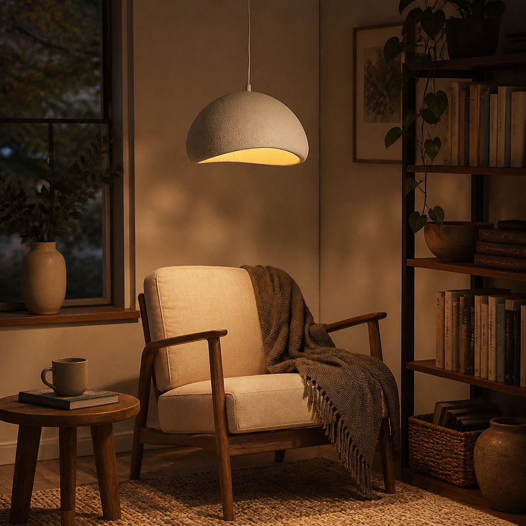 Nordic Wabi-Sabi Chandelier - Stone and Wood Shade from 30cm to 60cm in White or Grey with Warm or Tricolour Light for Dining and Entryway