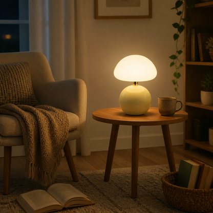 Ceramic Mushroom Table Lamp - Nordic Cream Style Dome in Glass or Moulded PP, with 6W G9 Bulb Included, for Bedside and Sideboard Lighting
