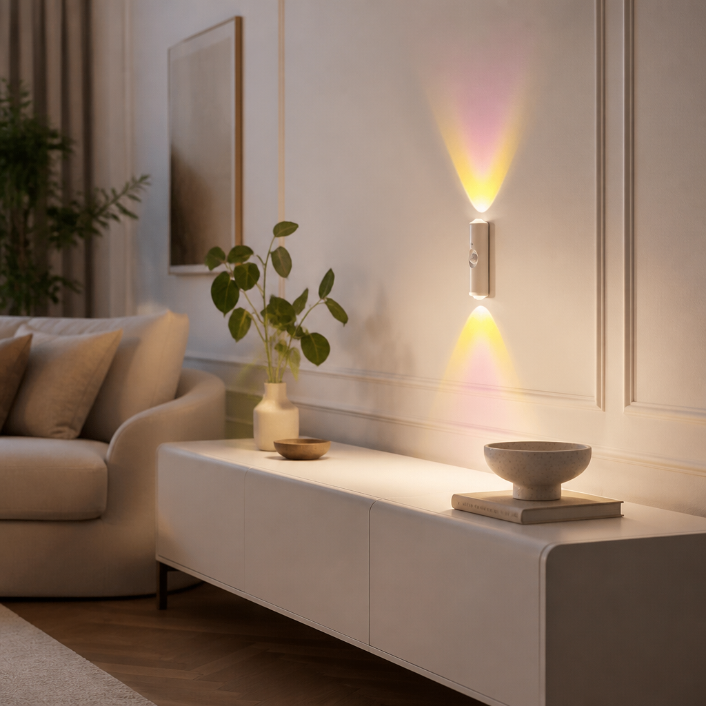 Sunset Motion Sensor Night Light - Rechargeable Cord-Free RGB Lamp with 7 Colour or 3 Colour Glow for Nursery, Hallway and Bedside Cabinet