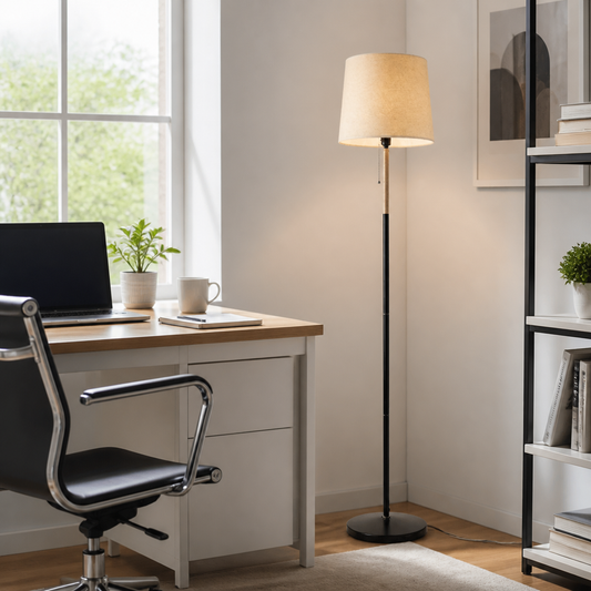Linen Floor Lamp - Contemporary Fabric Shade Standing Light in Black, Grey or Creamy White with Warm LED Glow for Sofa and Bedroom