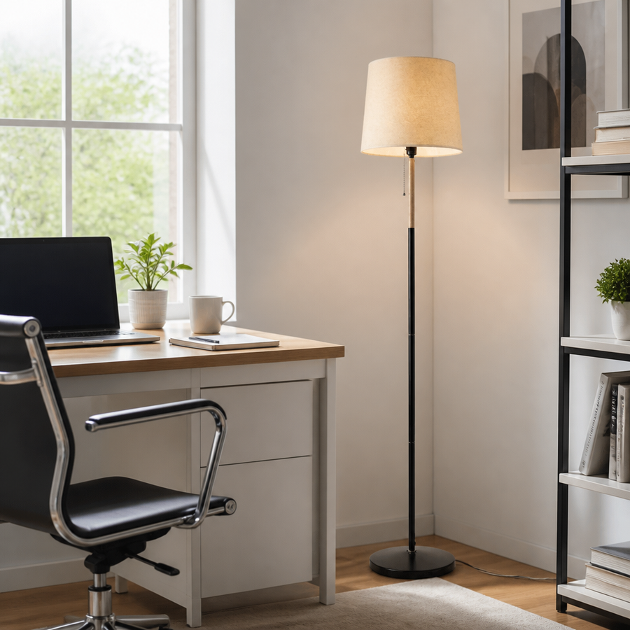 Linen Floor Lamp - Contemporary Fabric Shade Standing Light in Black, Grey or Creamy White with Warm LED Glow for Sofa and Bedroom