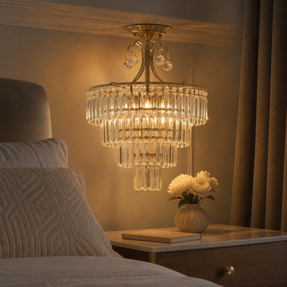 Luxury Gold Crystal Round Semi Flush Ceiling Light - Cut Drops on a Polished Iron Frame with 4 Dimmable E14 Lamps for Bedroom and Hallway