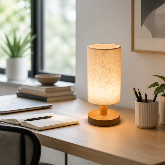 Wooden Bedside Lamp with Linen Shade - Cylindrical Diffused USB LED Light on a Solid Timber Base for Bedroom, Home Office and Living Room