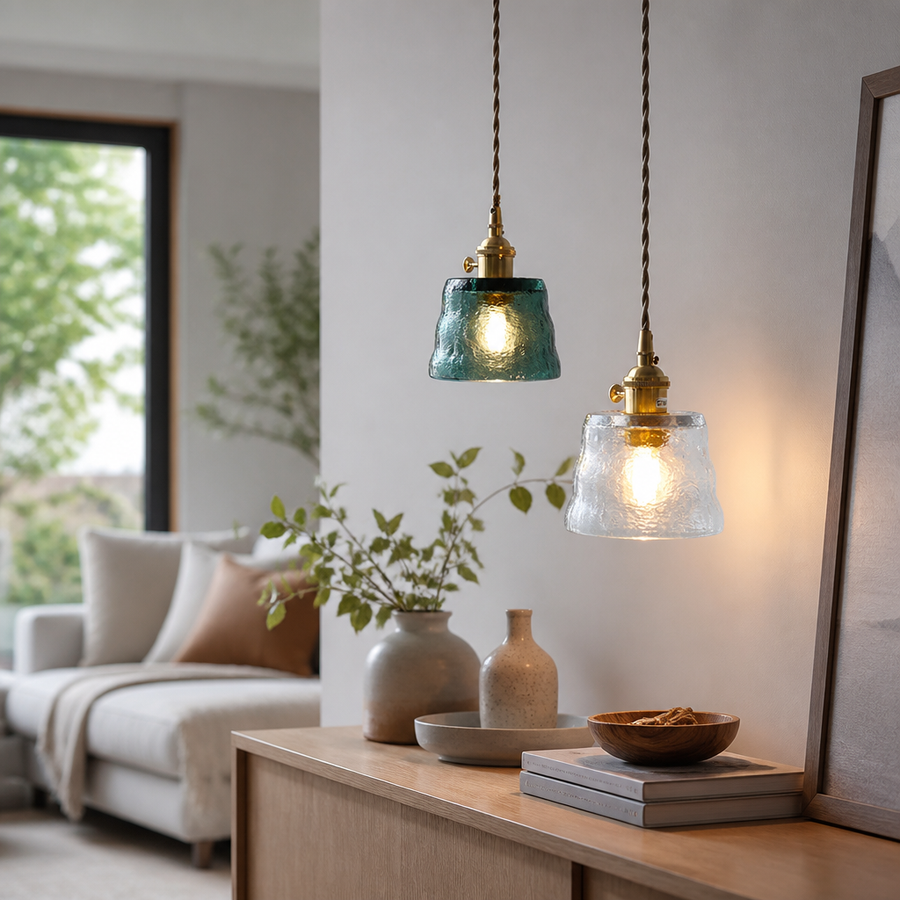 Japanese Nordic Chandelier - Brass, Copper and Glass Fitting with Green, Light Yellow or Clear Shades for Dining Table, Entryway and Lounge