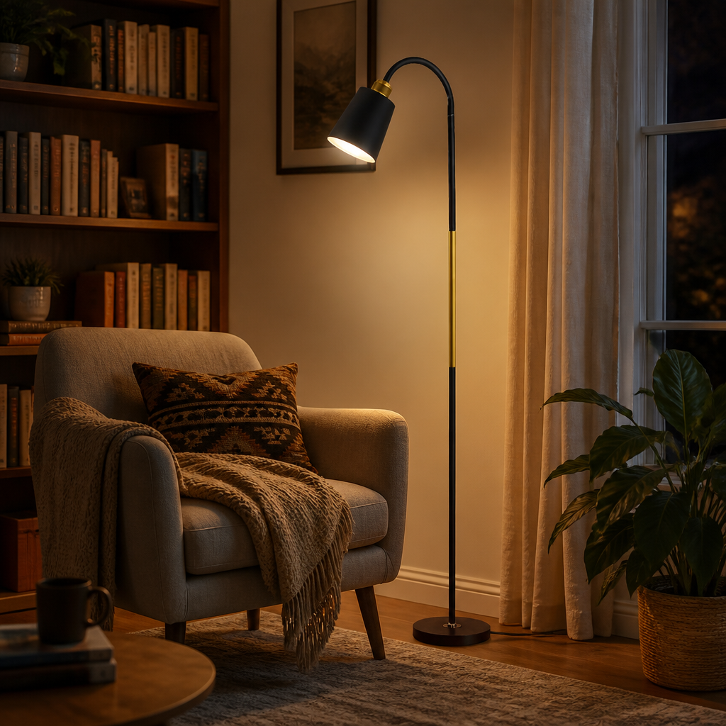 Wrought Iron Floor Lamp - Black or White Shade on Hard-Wearing Metal Frame for Sofa Side, Reading Corner and Bedroom Lighting
