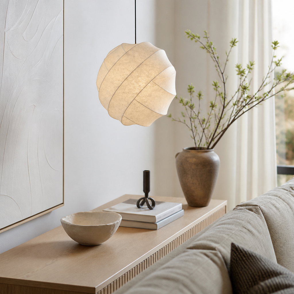 Japanese Wabi-Sabi Pendant Lamp - Silk Shade in 40cm, 50cm or 60cm Widths with Warm, Neutral or White Light for Dining Table and Kitchen