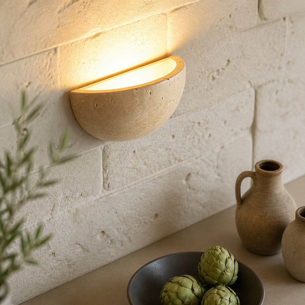 Retro Circular Wall Lamp - Yellow Travertine Stone Sconce Measuring 15cm Across and 7cm Deep with Warm White 2700 to 3500K LED