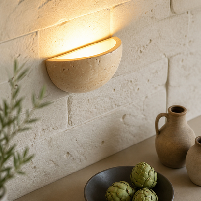 Retro Circular Wall Lamp - Yellow Travertine Stone Sconce Measuring 15cm Across and 7cm Deep with Warm White 2700 to 3500K LED