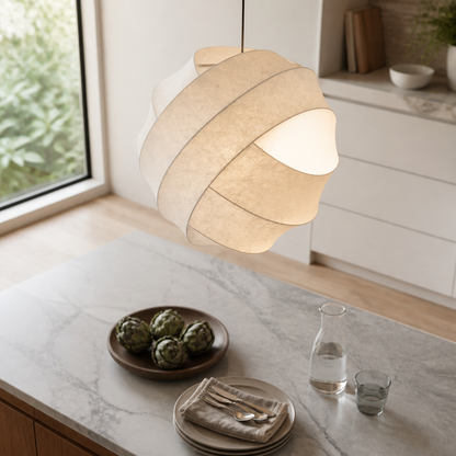 Japanese Wabi-Sabi Pendant Lamp - Silk Shade in 40cm, 50cm or 60cm Widths with Warm, Neutral or White Light for Dining Table and Kitchen