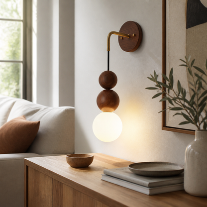 Japanese Retro Wall Lamp - Copper and Walnut Sconce in 10, 15, 18 or 20cm Shades with Warm or White LED for Hallway and Bedhead