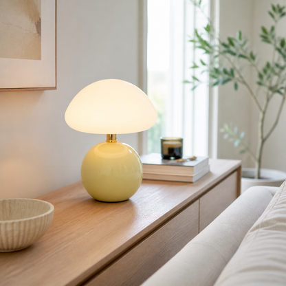 Ceramic Mushroom Table Lamp - Nordic Cream Style Dome in Glass or Moulded PP, with 6W G9 Bulb Included, for Bedside and Sideboard Lighting