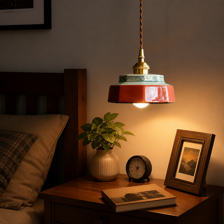 Japanese Vintage Pendant Light - Ceramic and Copper Shade with 4W LED Rated to 60W Max in Eight Glazes for Dining Table and Kitchen Island