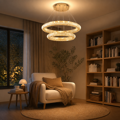 Round Ring Crystal Chandelier - Concentric Stainless Steel Tiers from 50 to 80cm with Suspended Drops, Dimming Remote and Adjustable Cord