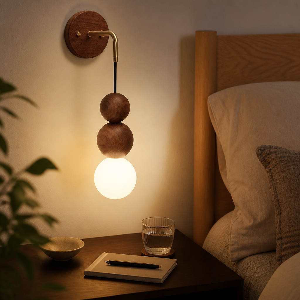 Japanese Retro Wall Lamp - Copper and Walnut Sconce in 10, 15, 18 or 20cm Shades with Warm or White LED for Hallway and Bedhead