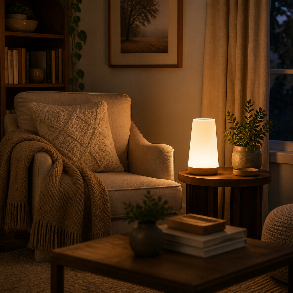 13 Colour RGB Rechargeable Night Light Lamp - Wood Tone or White ABS Unit with Five Brightness Levels, Remote and Settable Auto Shutdown