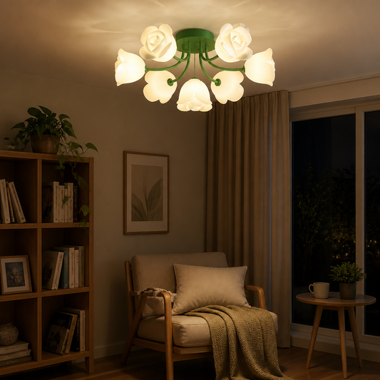 French Glass Flower LED Ceiling Lamp - Hot Bent Floral Shades on Brushed Nickel Frame in 1, 7, 11 or 13 Light Sizes for Living Rooms