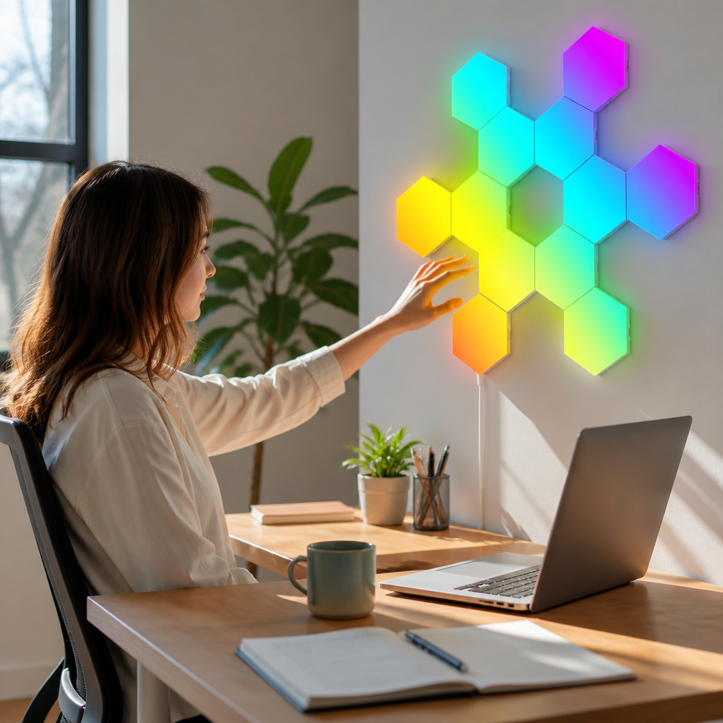 RGB Bluetooth Hexagon Wall Light - Eight or Twelve Panel USB Powered Set with App and Remote Scenes for Gaming Wall and Studio