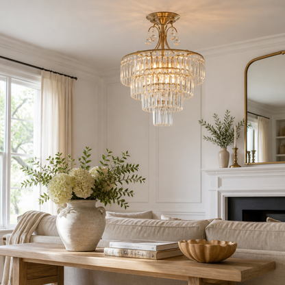 Luxury Gold Crystal Round Semi Flush Ceiling Light - Cut Drops on a Polished Iron Frame with 4 Dimmable E14 Lamps for Bedroom and Hallway