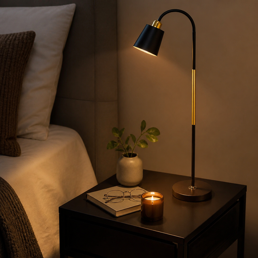 Wrought Iron Floor Lamp - Black or White Shade on Hard-Wearing Metal Frame for Sofa Side, Reading Corner and Bedroom Lighting