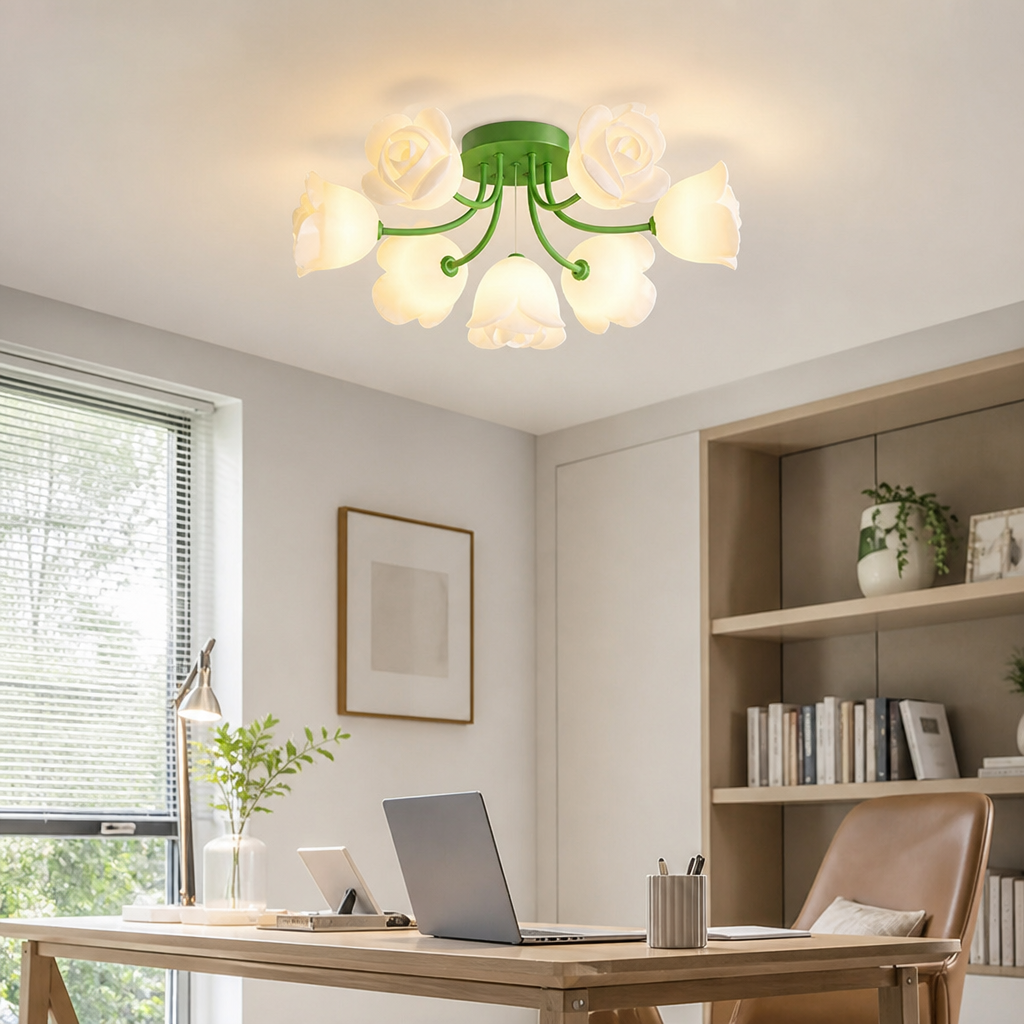 French Glass Flower LED Ceiling Lamp - Hot Bent Floral Shades on Brushed Nickel Frame in 1, 7, 11 or 13 Light Sizes for Living Rooms