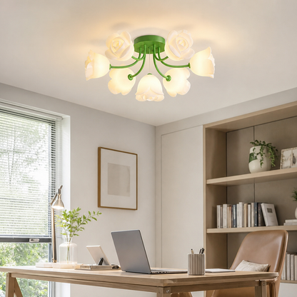 French Glass Flower LED Ceiling Lamp - Hot Bent Floral Shades on Brushed Nickel Frame in 1, 7, 11 or 13 Light Sizes for Living Rooms