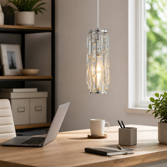 Modern Crystal Pendant Light - Faceted Hanging Lamp in Plated Gold, Silver or Black on Adjustable Cord for Dining Table, Bar and Bedside
