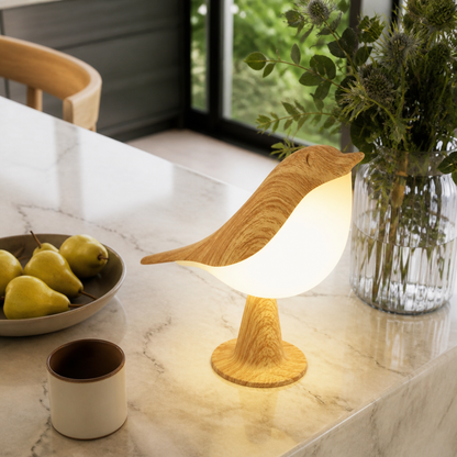 Art Deco Touch Control LED Bird Table Lamp - Sculptural ABS Piece in Light Yellow with Three Dimming Levels and Cordless USB Recharging