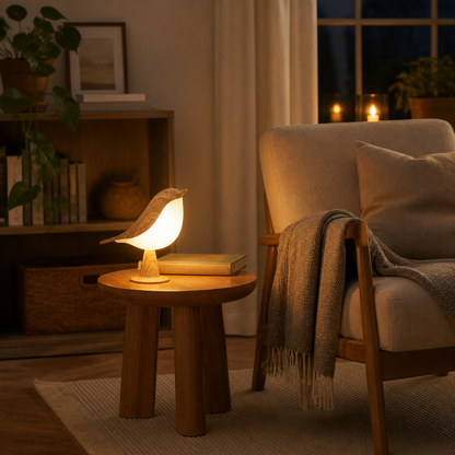 Art Deco Touch Control LED Bird Table Lamp - Sculptural ABS Piece in Light Yellow with Three Dimming Levels and Cordless USB Recharging
