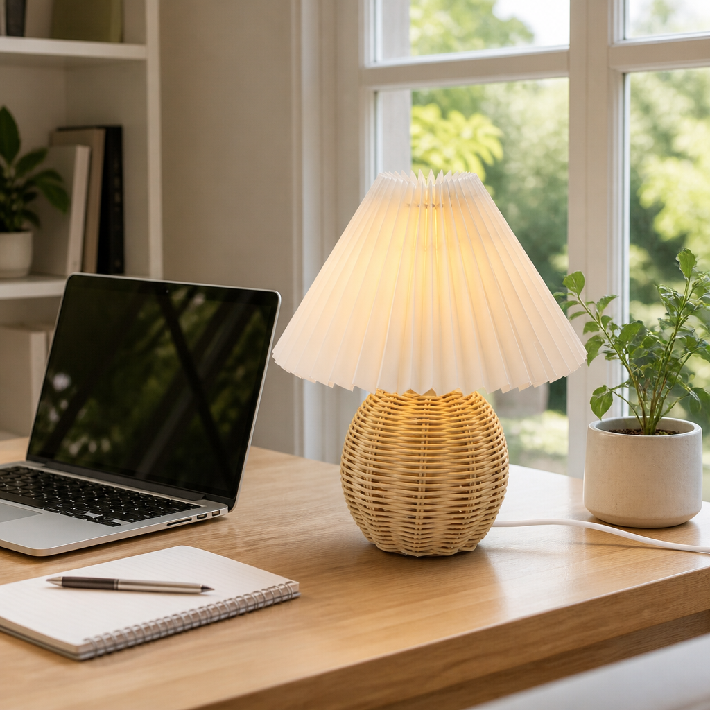 Retro Rattan Ball Lamp with Pleated Fabric Shade - Compact 18 by 22cm USB Light Offered with Switch, Dimming or Remote Timer Control