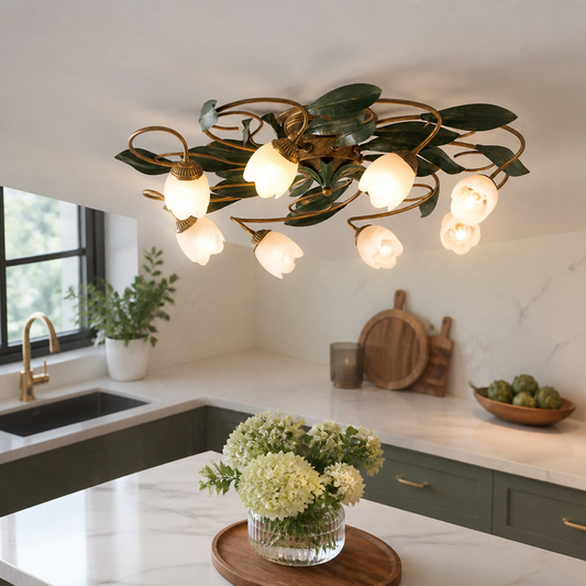 Vintage Iron Flower Ceiling Lamp - Polished Gold 6 or 8 Head Arms with Spent Grinding Glass and E14 Sockets for Villa, Hotel and Corridor
