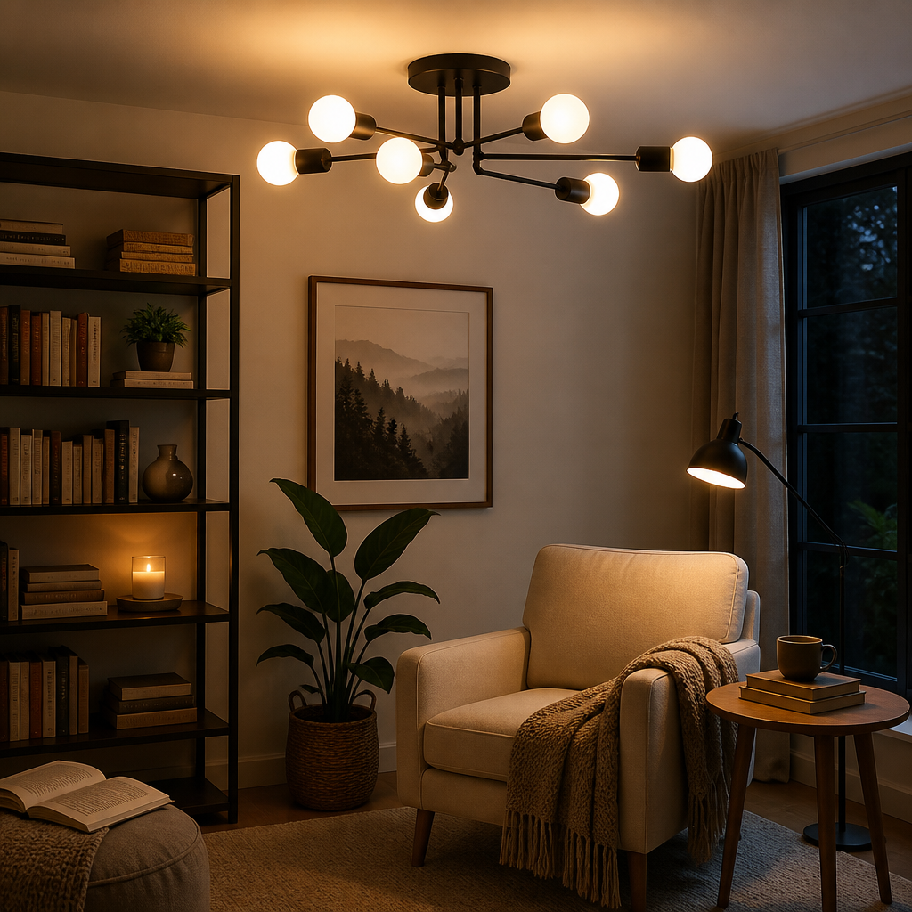 Spider Nordic Ceiling Light - Iron Framed Fitting in Black, Gold or Golden Black with Warm Glow for Living Room, Dining Space and Bedroom