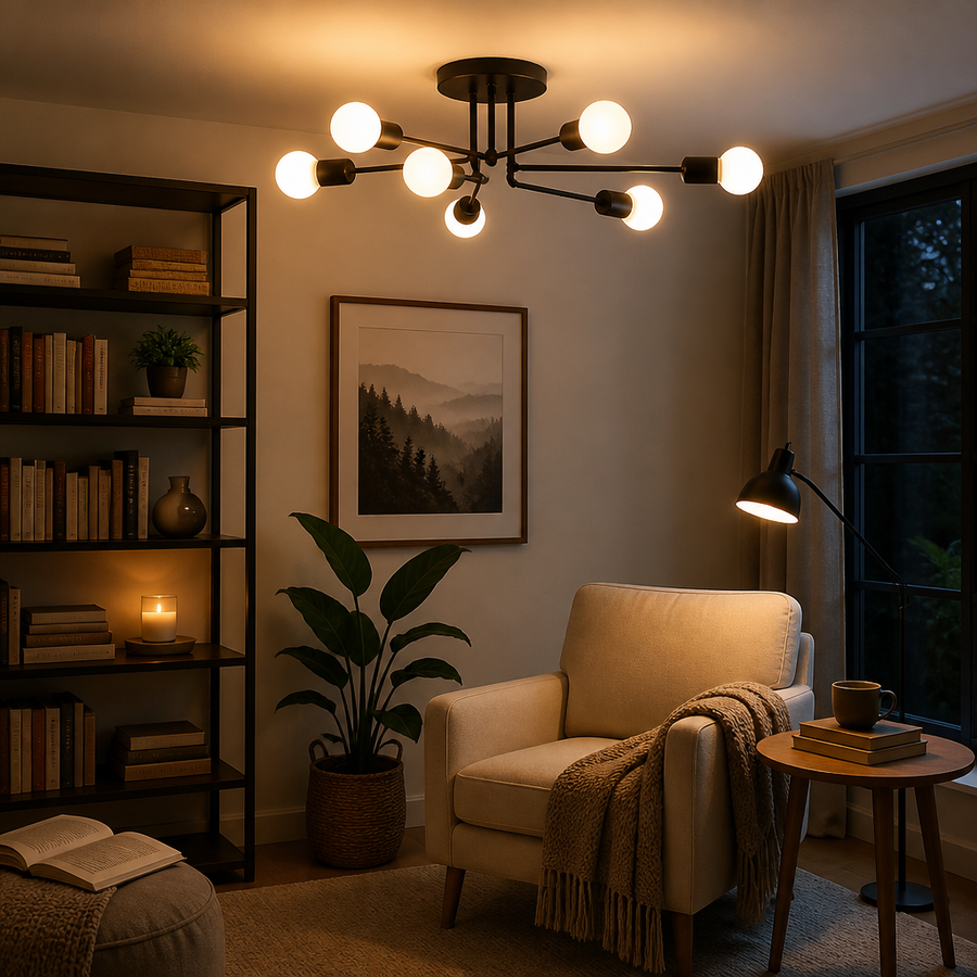Spider Nordic Ceiling Light - Iron Framed Fitting in Black, Gold or Golden Black with Warm Glow for Living Room, Dining Space and Bedroom