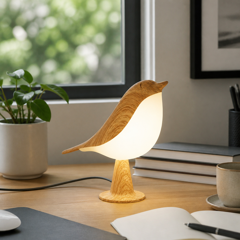 Art Deco Touch Control LED Bird Table Lamp - Sculptural ABS Piece in Light Yellow with Three Dimming Levels and Cordless USB Recharging