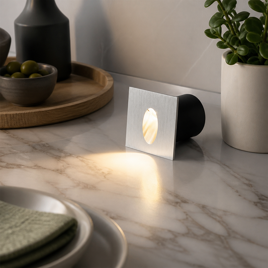 Recessed Step Light - 55mm or 80mm Brushed Gold, Silver, Black or White Fitting in 1W or 3W with Mains or 12V Low Voltage Wiring