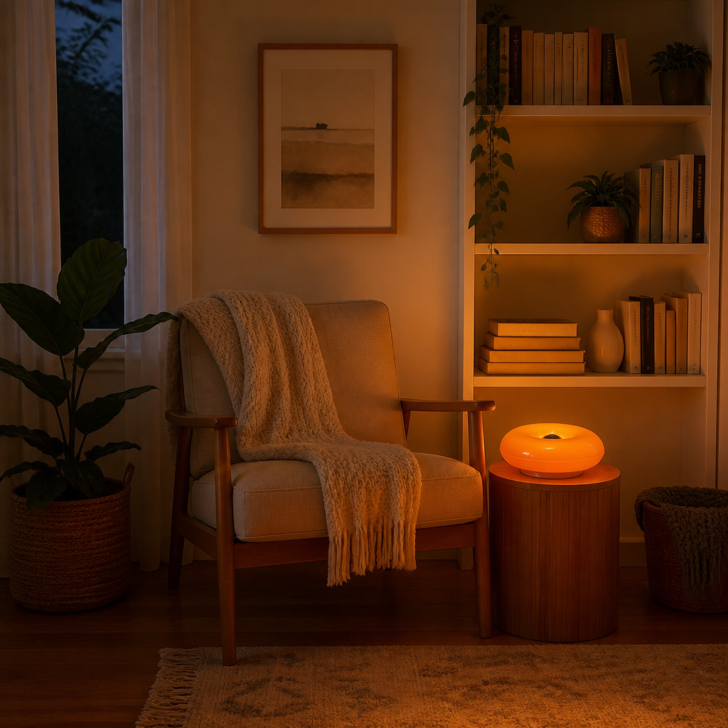 Donut LED Table Lamp - Dimmable Warm Ring Night Light in Lightweight ABS Running at 5 to 6V DC for Shelf, Console and Bedroom Ambience