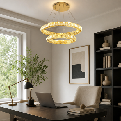 Round Ring Crystal Chandelier - Concentric Stainless Steel Tiers from 50 to 80cm with Suspended Drops, Dimming Remote and Adjustable Cord