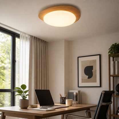 Pebble Ceiling Lamp - Minimalist Wood and Acrylic Flush Light in 30 or 38cm, Walnut or Log Finish, with Two Dimmable Integrated Sources