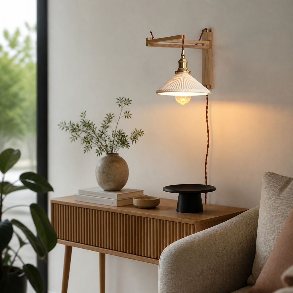 Japanese Vintage Wall Lamp - Wabi-Sabi Walnut Sconce in Four Shade Types with Warm, Cool or Tricolour LED Bulb Included