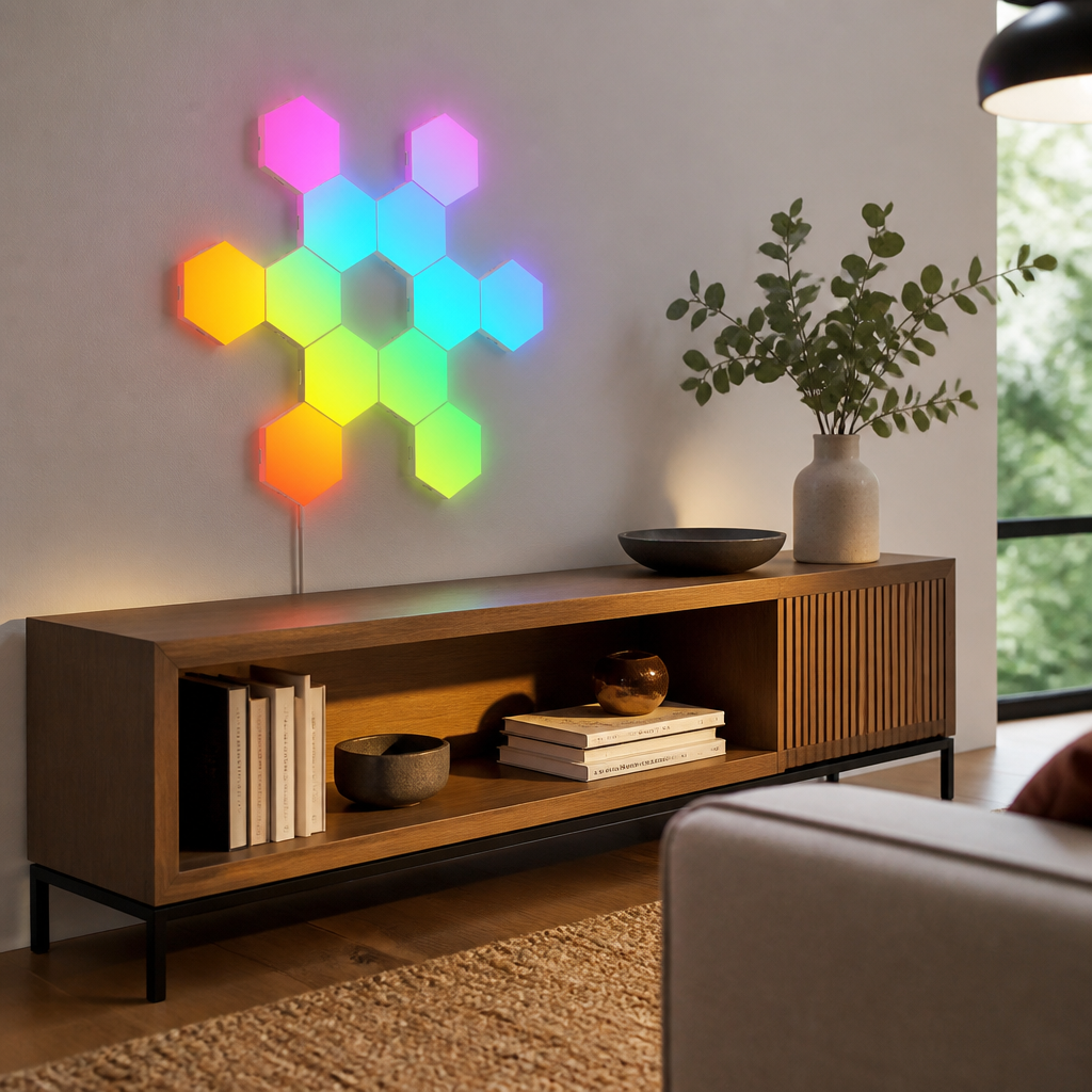 RGB Bluetooth Hexagon Wall Light - Eight or Twelve Panel USB Powered Set with App and Remote Scenes for Gaming Wall and Studio