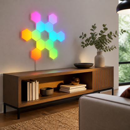 RGB Bluetooth Hexagon Wall Light - Eight or Twelve Panel USB Powered Set with App and Remote Scenes for Gaming Wall and Studio
