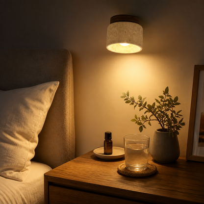 Travertine and Wood Wabi Sabi Flush Ceiling Light - 12 by 10cm Natural Stone Fitting in Log or Walnut Tone for Hallway, Study and Entrance