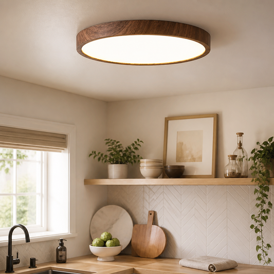 Ultra Thin Walnut Wood Grain LED Ceiling Light - 2.5cm Deep Dust Proof Panel in 30cm 24W or 40cm 36W with Warm, White and 3 Colour Modes