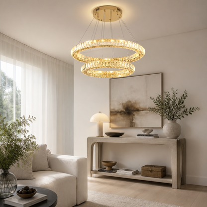 Round Ring Crystal Chandelier - Concentric Stainless Steel Tiers from 50 to 80cm with Suspended Drops, Dimming Remote and Adjustable Cord