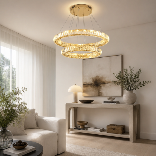 Round Ring Crystal Chandelier - Concentric Stainless Steel Tiers from 50 to 80cm with Suspended Drops, Dimming Remote and Adjustable Cord