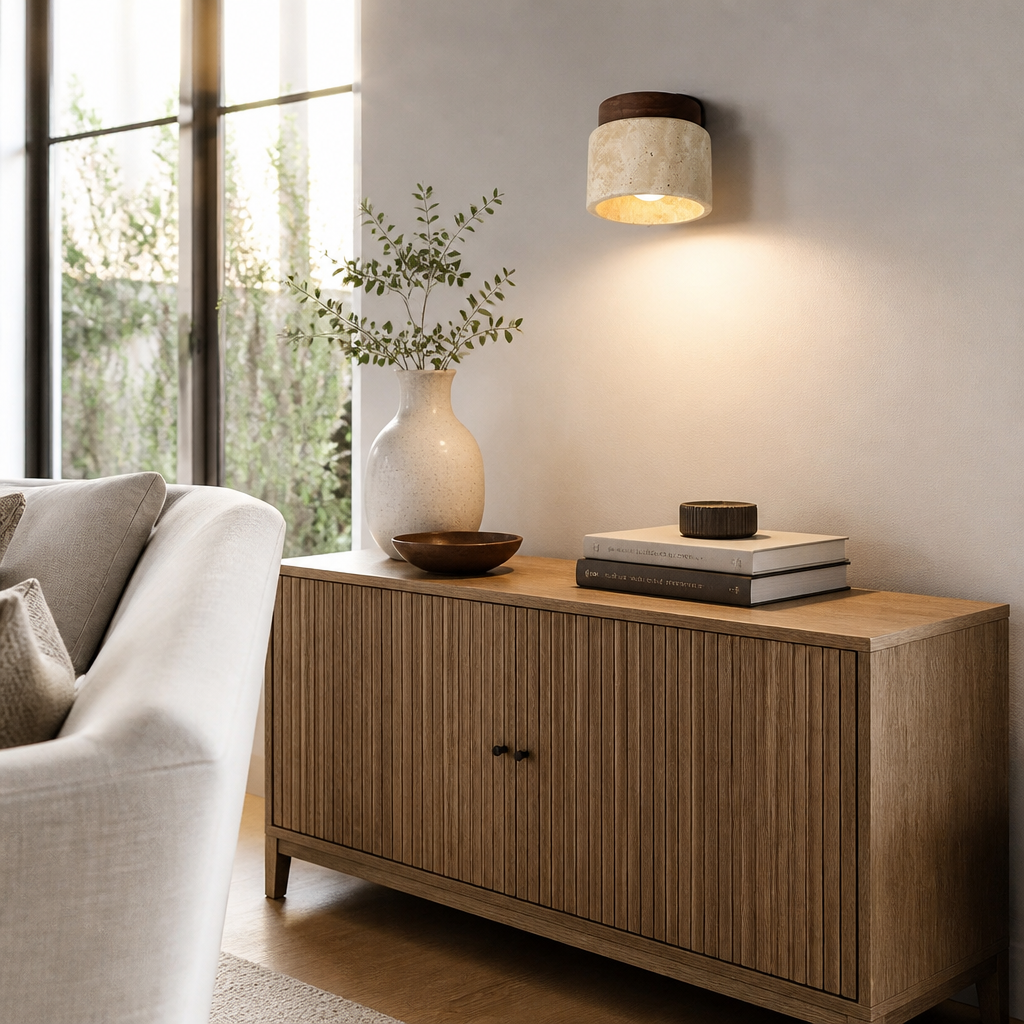 Travertine and Wood Wabi Sabi Flush Ceiling Light - 12 by 10cm Natural Stone Fitting in Log or Walnut Tone for Hallway, Study and Entrance