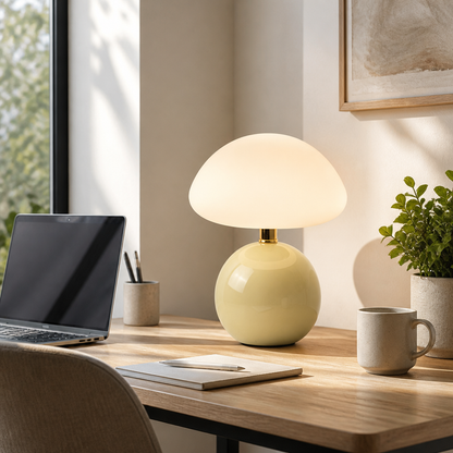 Ceramic Mushroom Table Lamp - Nordic Cream Style Dome in Glass or Moulded PP, with 6W G9 Bulb Included, for Bedside and Sideboard Lighting