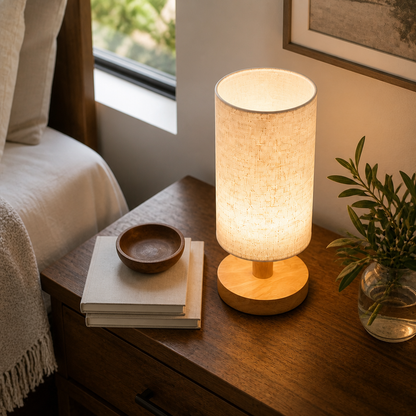Wooden Bedside Lamp with Linen Shade - Cylindrical Diffused USB LED Light on a Solid Timber Base for Bedroom, Home Office and Living Room
