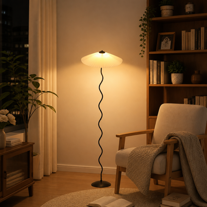 Pleated Minimalist Floor Lamp - Fabric Shade in Green, Black, White or Beige with 3000K, 4200K and 6500K Light for Sofa and Bedroom
