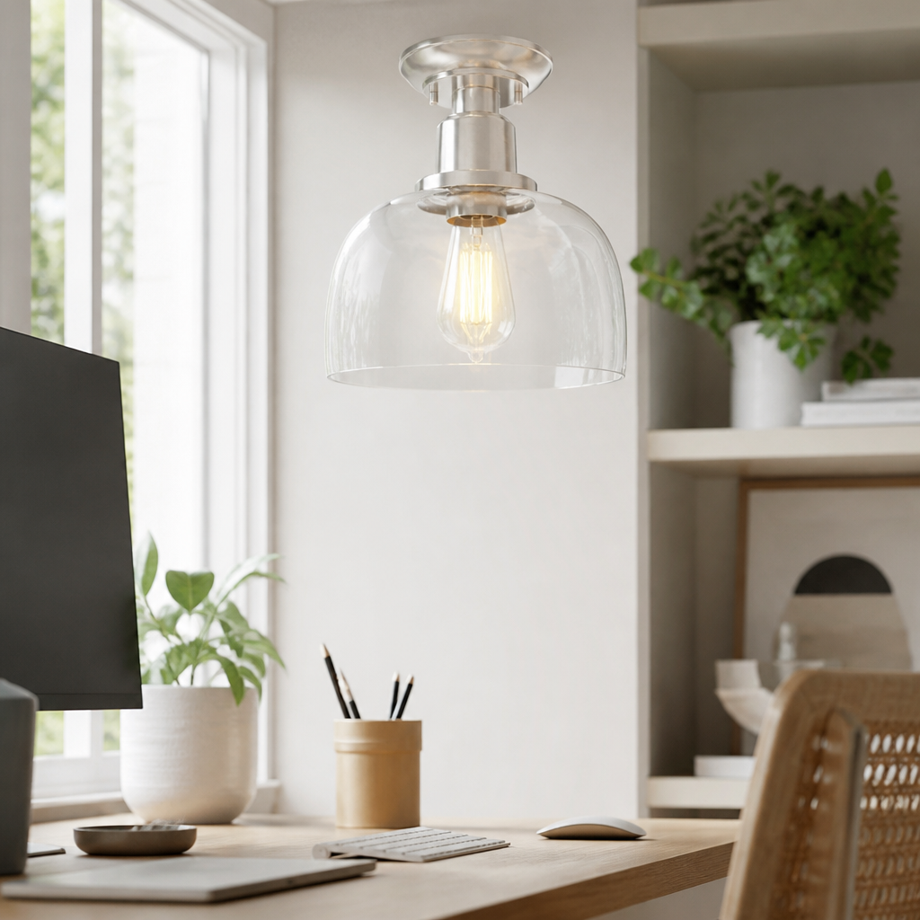 Clear Glass Shade Semi Flush Mount Ceiling Light - Brushed Nickel Fixing with Bulb Included for Corridor, Kitchen and Bedroom Ceilings