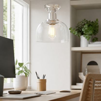 Clear Glass Shade Semi Flush Mount Ceiling Light - Brushed Nickel Fixing with Bulb Included for Corridor, Kitchen and Bedroom Ceilings